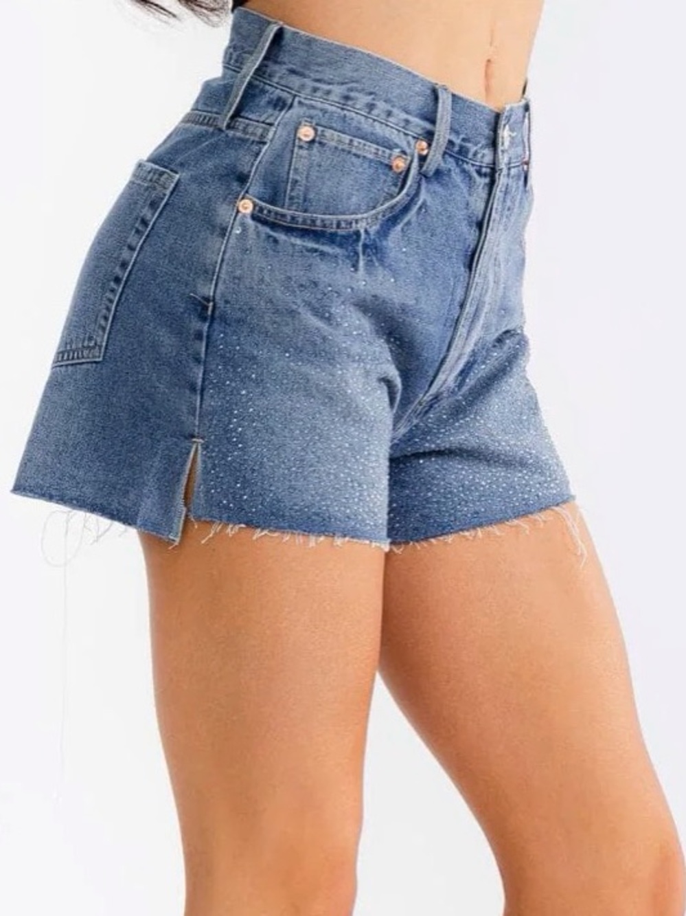 A477. High-Rise Blue Denim Shorts with Crystal Studs